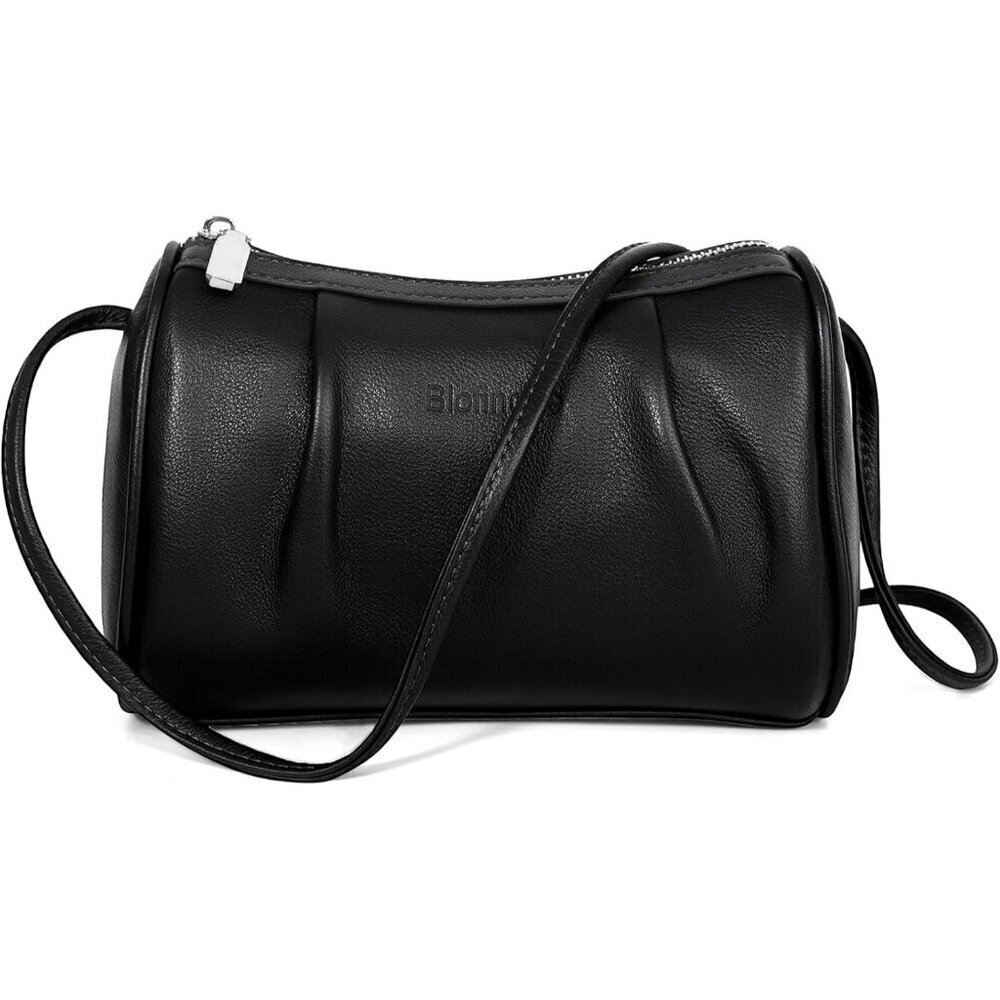 Women Black Leather Crossbody Bag Small Hobo Bag with Wrinkled Texture